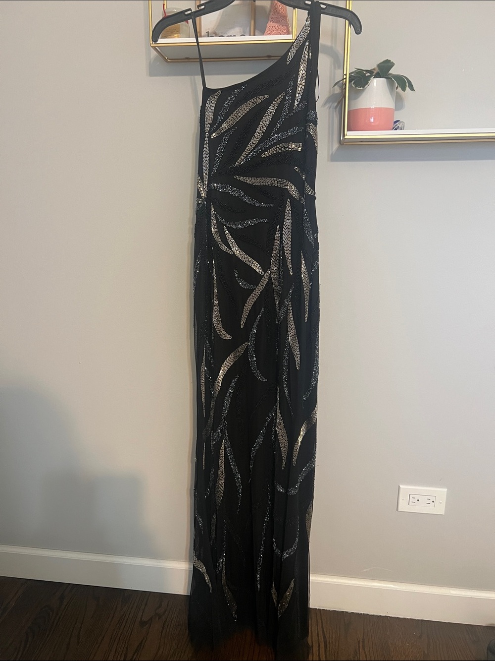 Aidan Mattox Black One-Shoulder Sequin Leaf-Pattern Gown with Silver Accents
